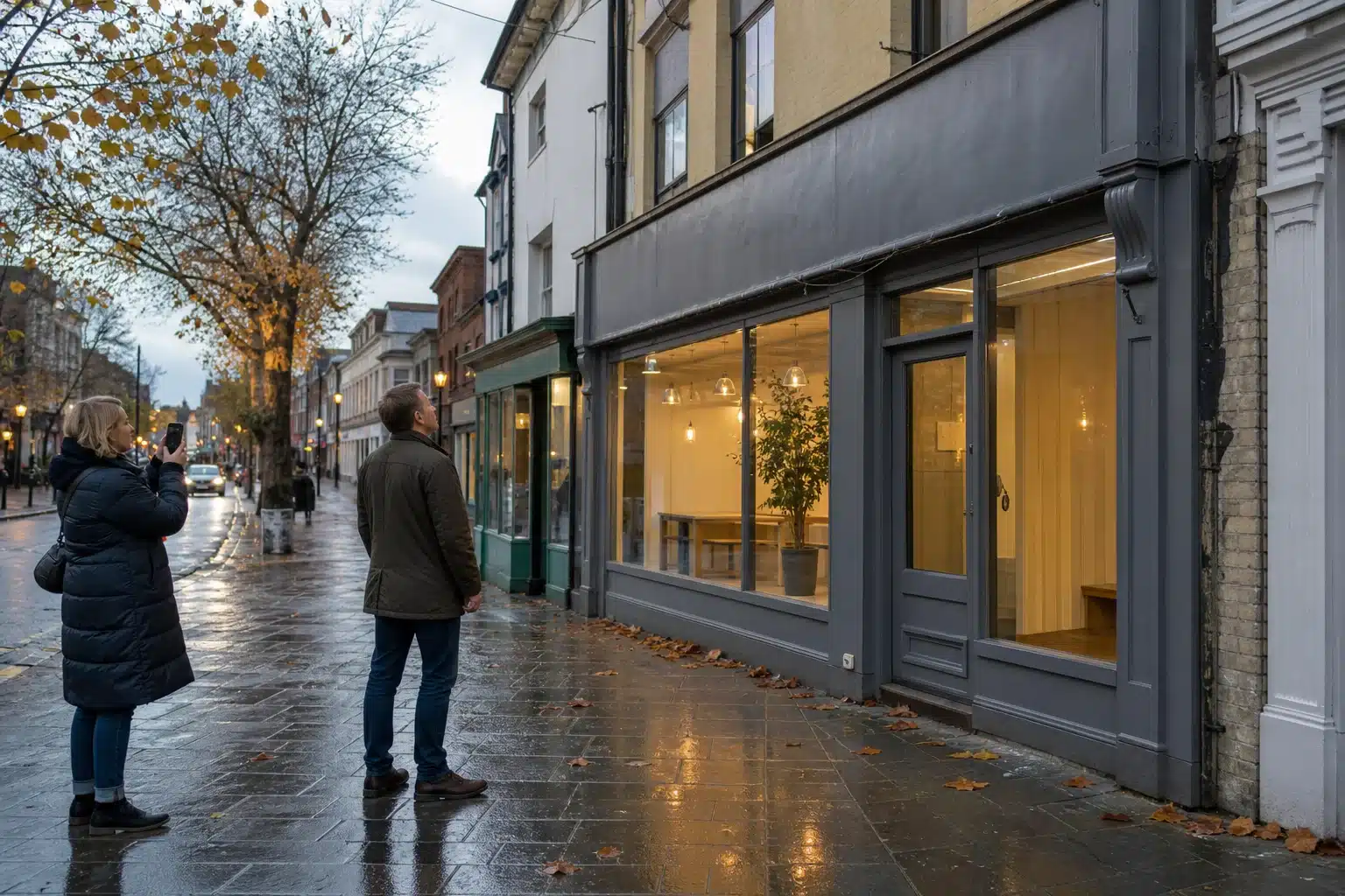 A shop owner checks the visibility of a shopfront while planning shop signs in Norwich.